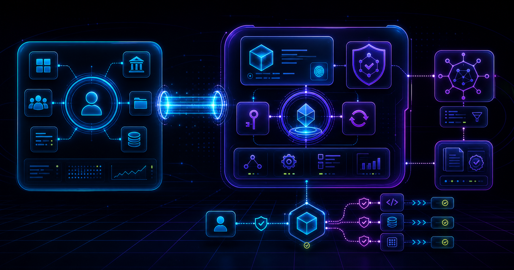 Workforce IdP federated to an EmpowerNow agent identity and authorization plane with policy decision, delegation, token minting, and controlled tool paths.