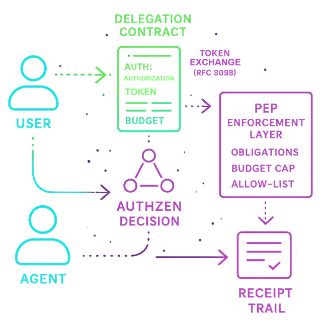 Visual representation of delegated authorization showing constrained empowerment flow