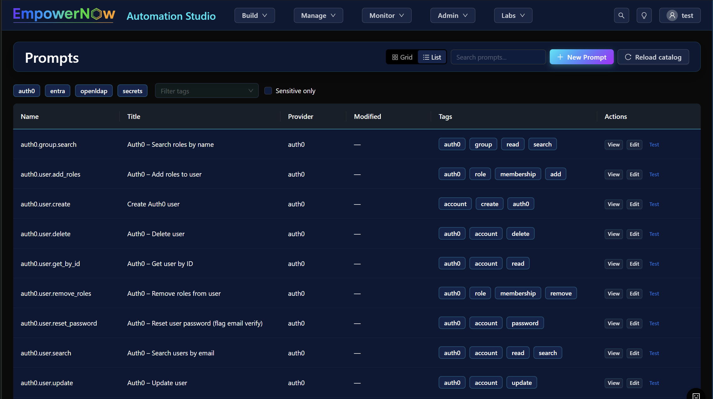 MCP prompts catalog with tags