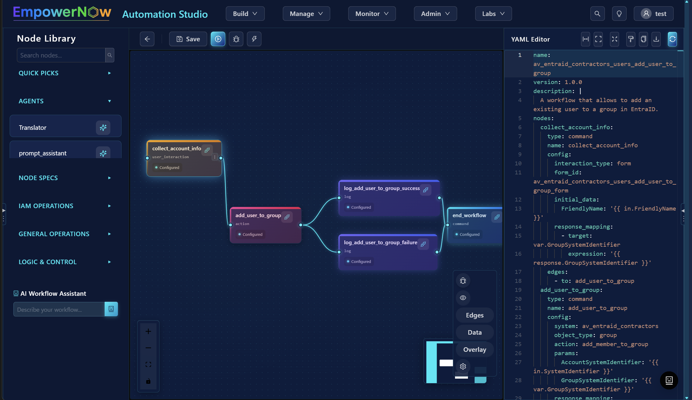 Visual workflow designer showing nodes and edges
